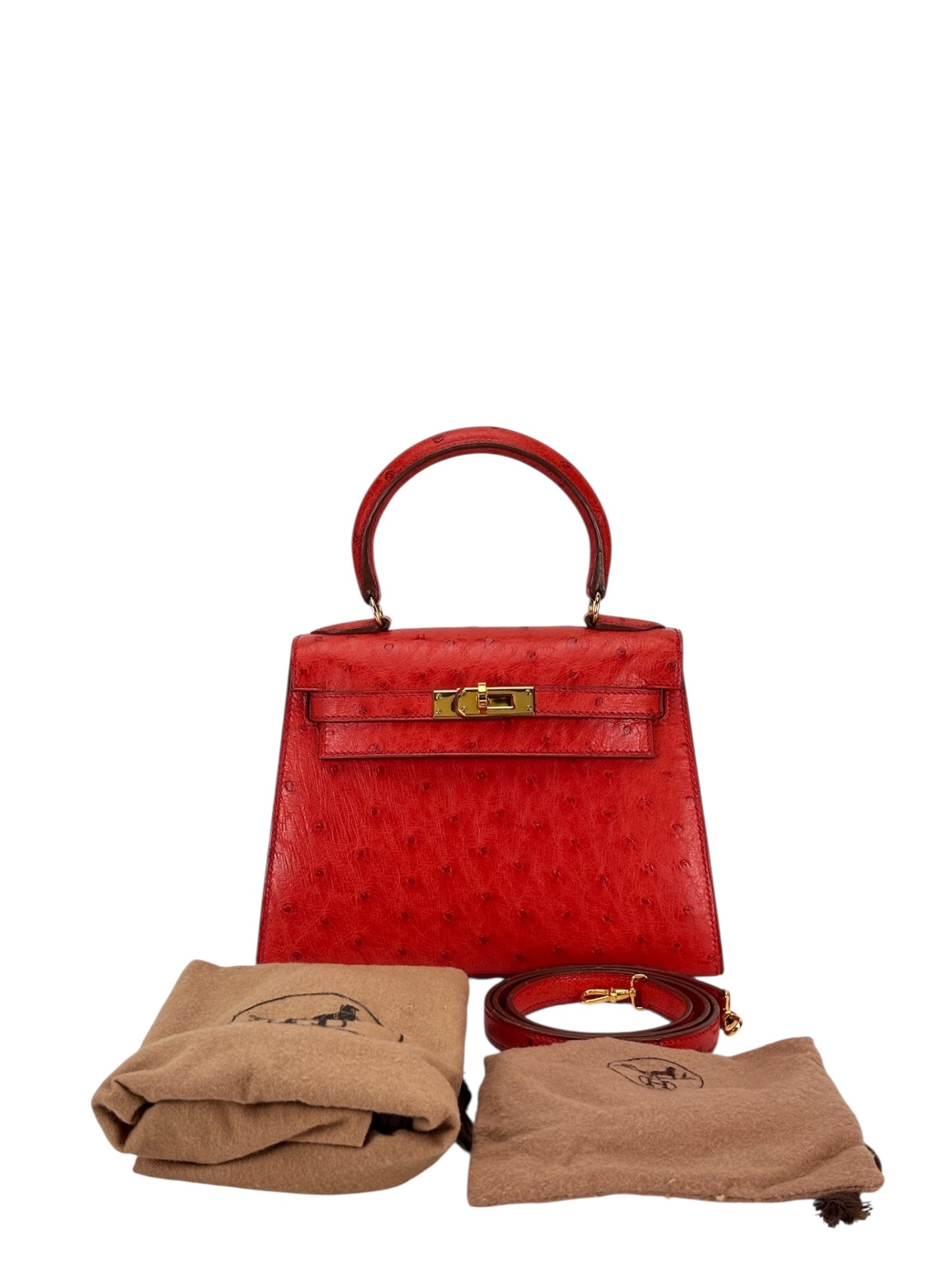 HERMES - Kelly 20 Vif Red Ostrich Gold Hardware