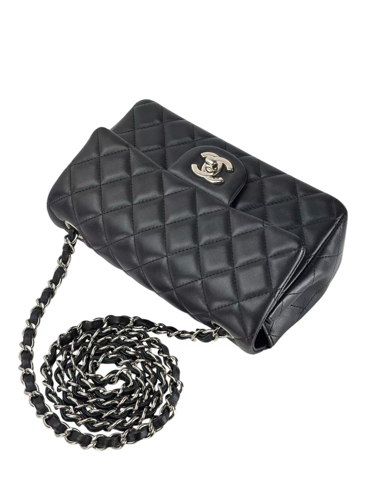 CHANEL - Black Lambskin Mini Classic Flap Bag Silver Hardware