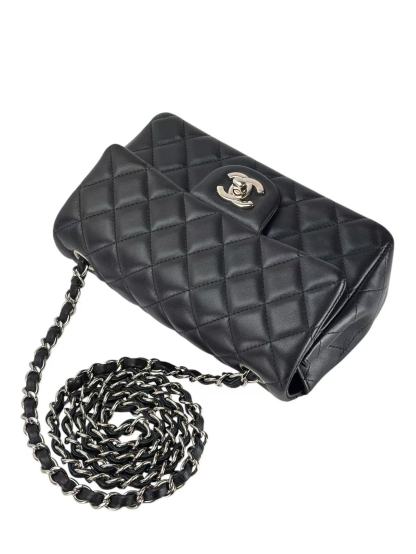 CHANEL - Black Lambskin Mini Classic Flap Bag Silver Hardware