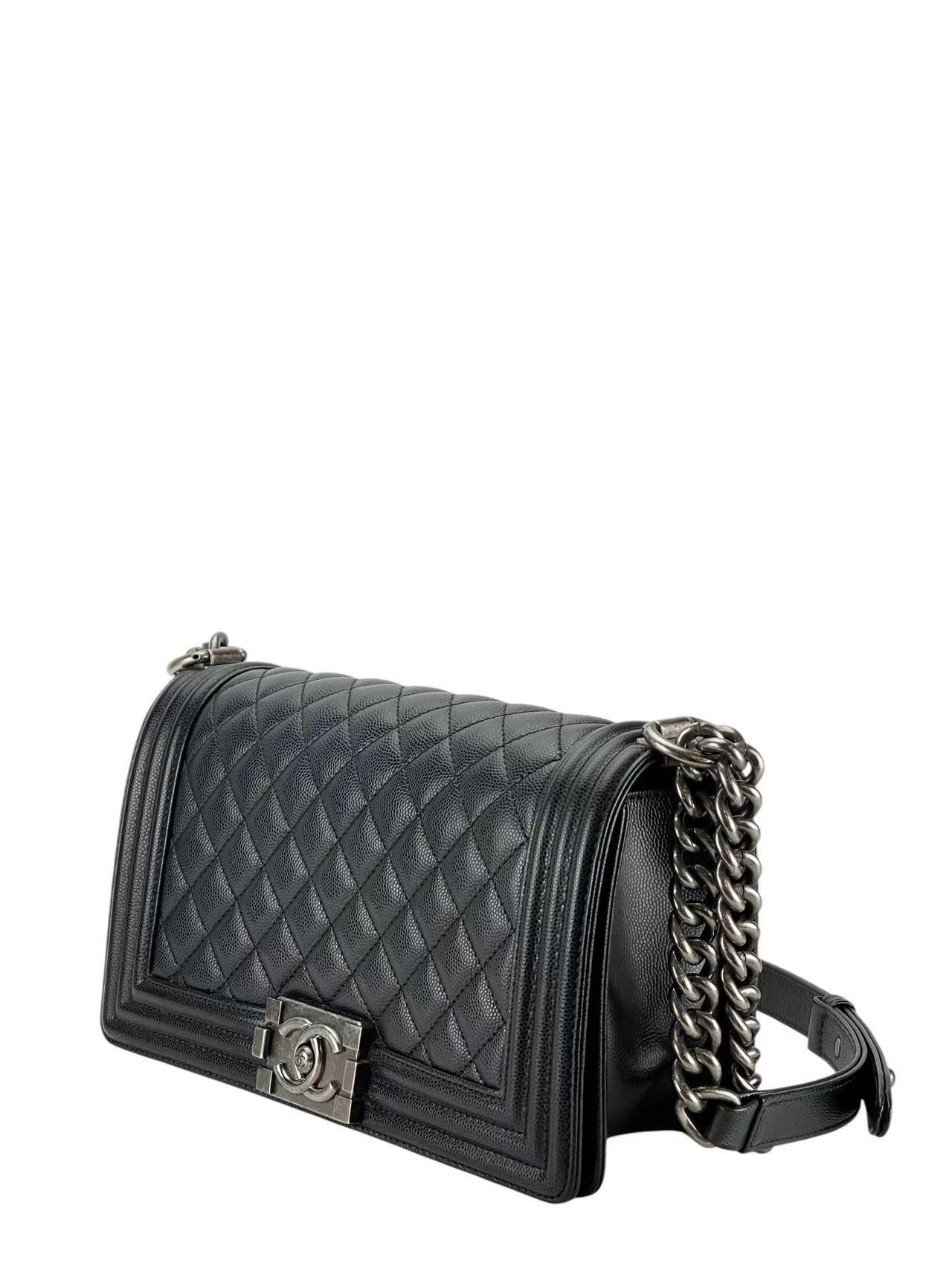 CHANEL - Medium Boy Flap Bag Black Caviar Metal Silver Hardware