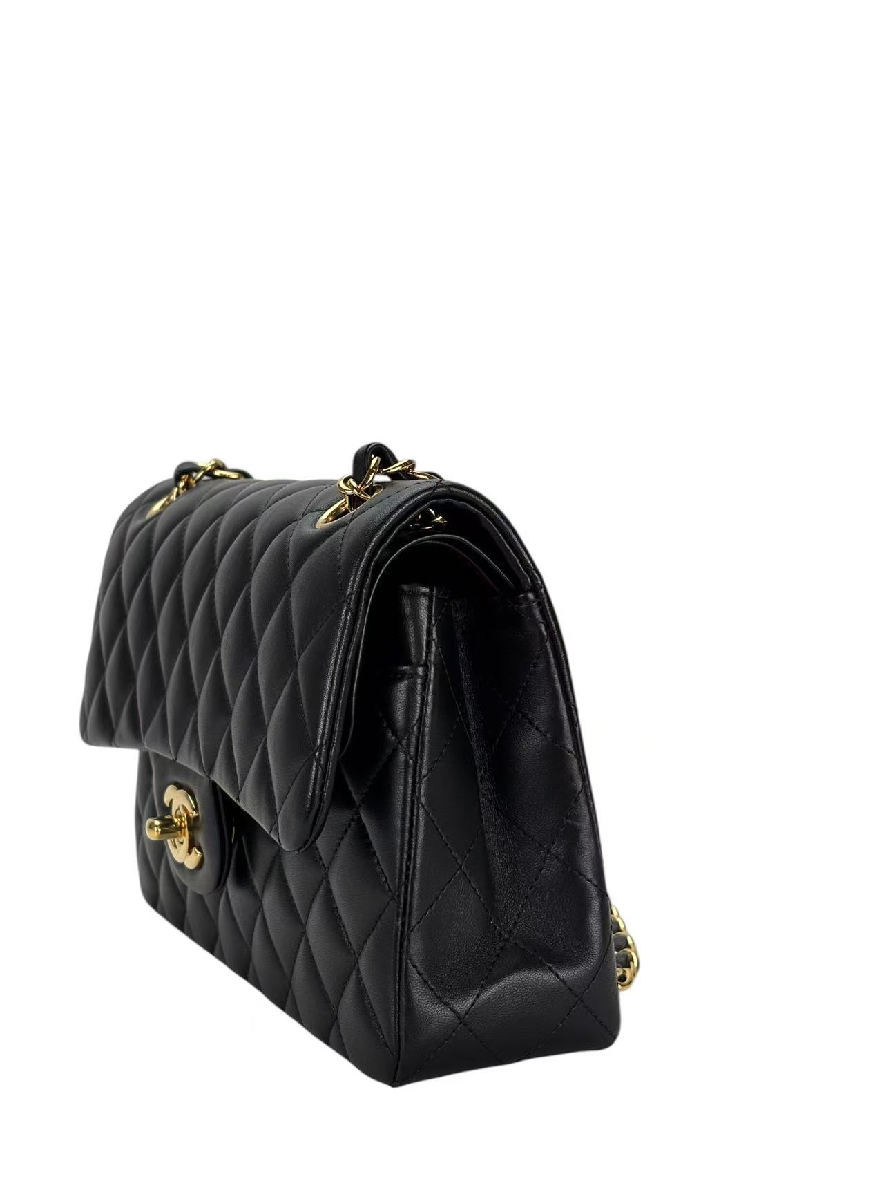 CHANEL - Double Face Small Classic Double Flap Bag Black Lambskin Gold Hardware (CF23)