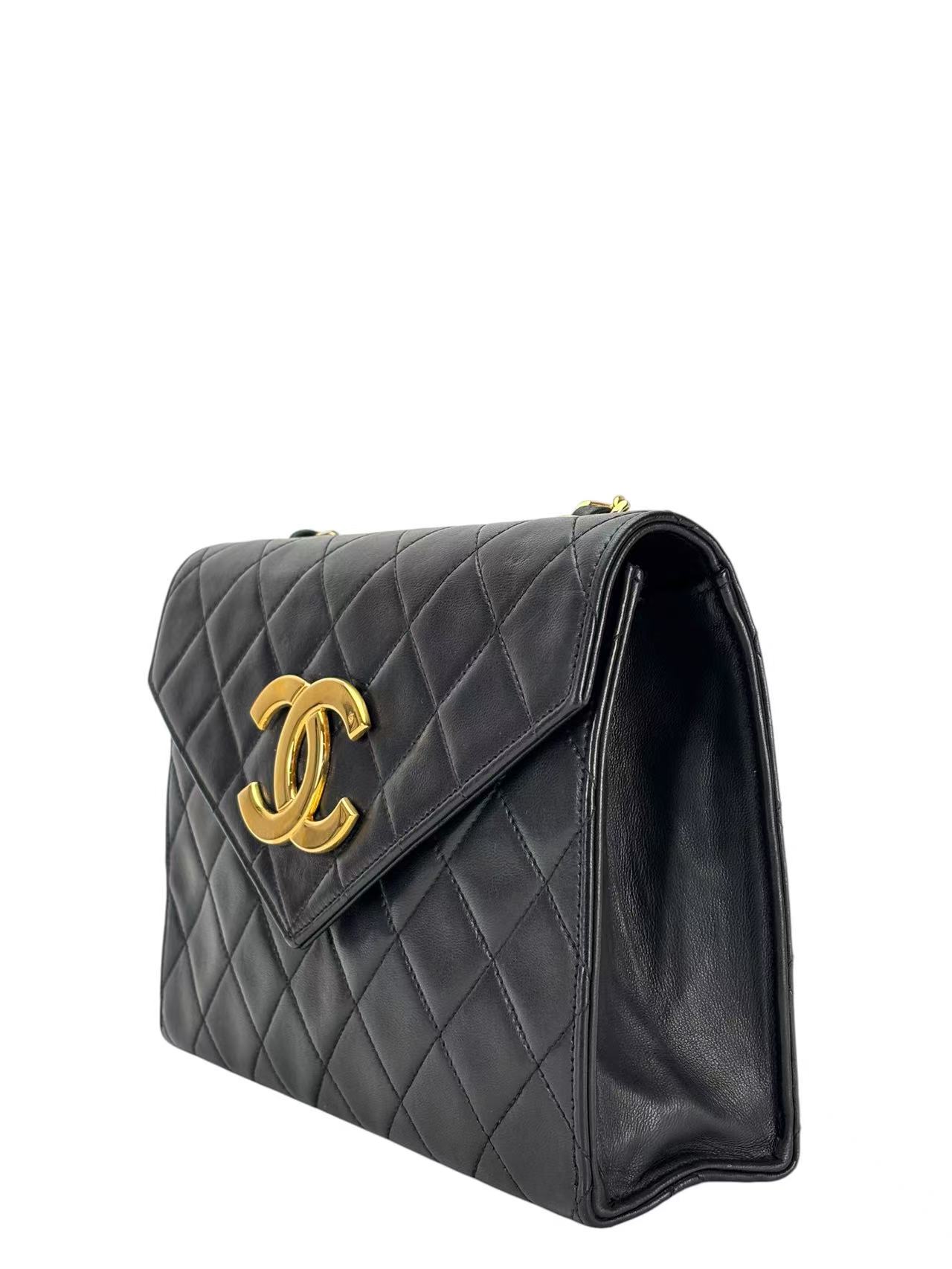 CHANEL - Big CC Logo Shoulder Bag Black Lambskin Gold Hardware