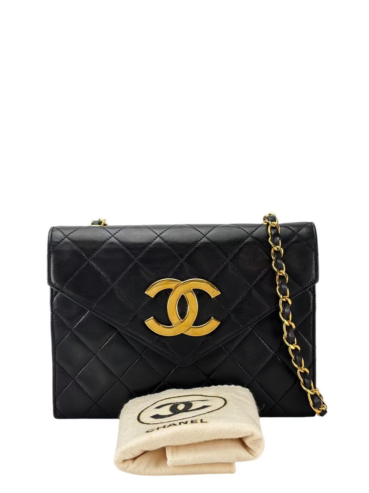 CHANEL - Big CC Logo Shoulder Bag Black Lambskin Gold Hardware
