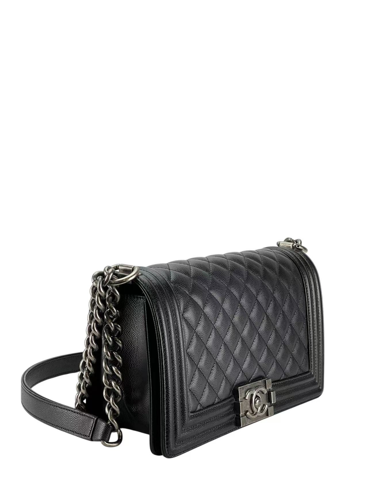 CHANEL - Medium Boy Flap Bag Black Caviar Metal Silver Hardware