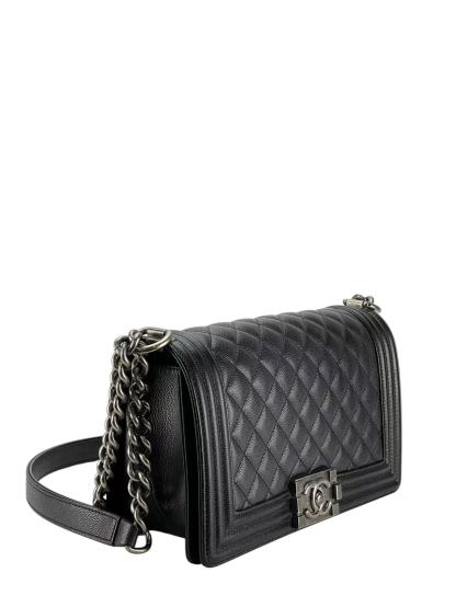 CHANEL - Medium Boy Flap Bag Black Caviar Metal Silver Hardware