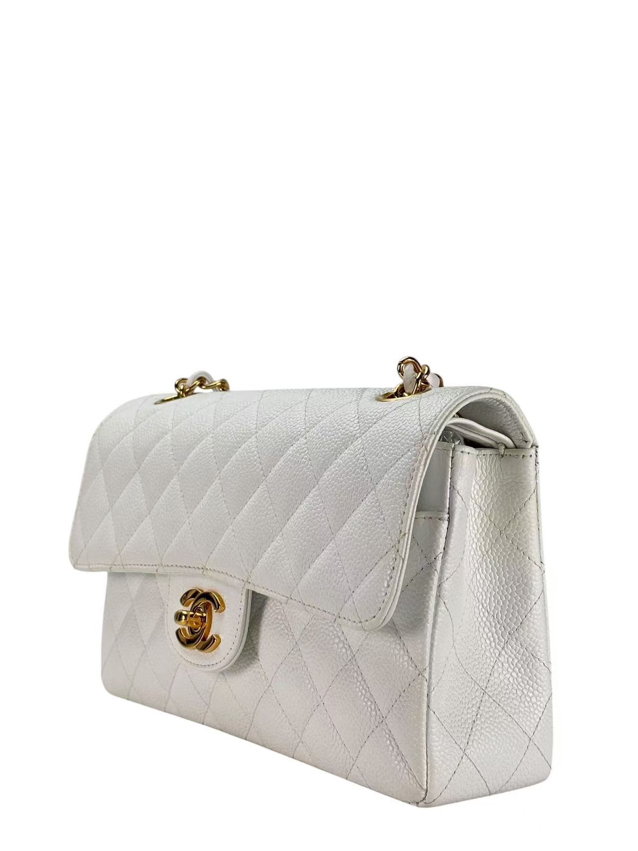 CHANEL - Double Face Small Classic Double Flap Bag White Caviar Gold Hardware (CF23)