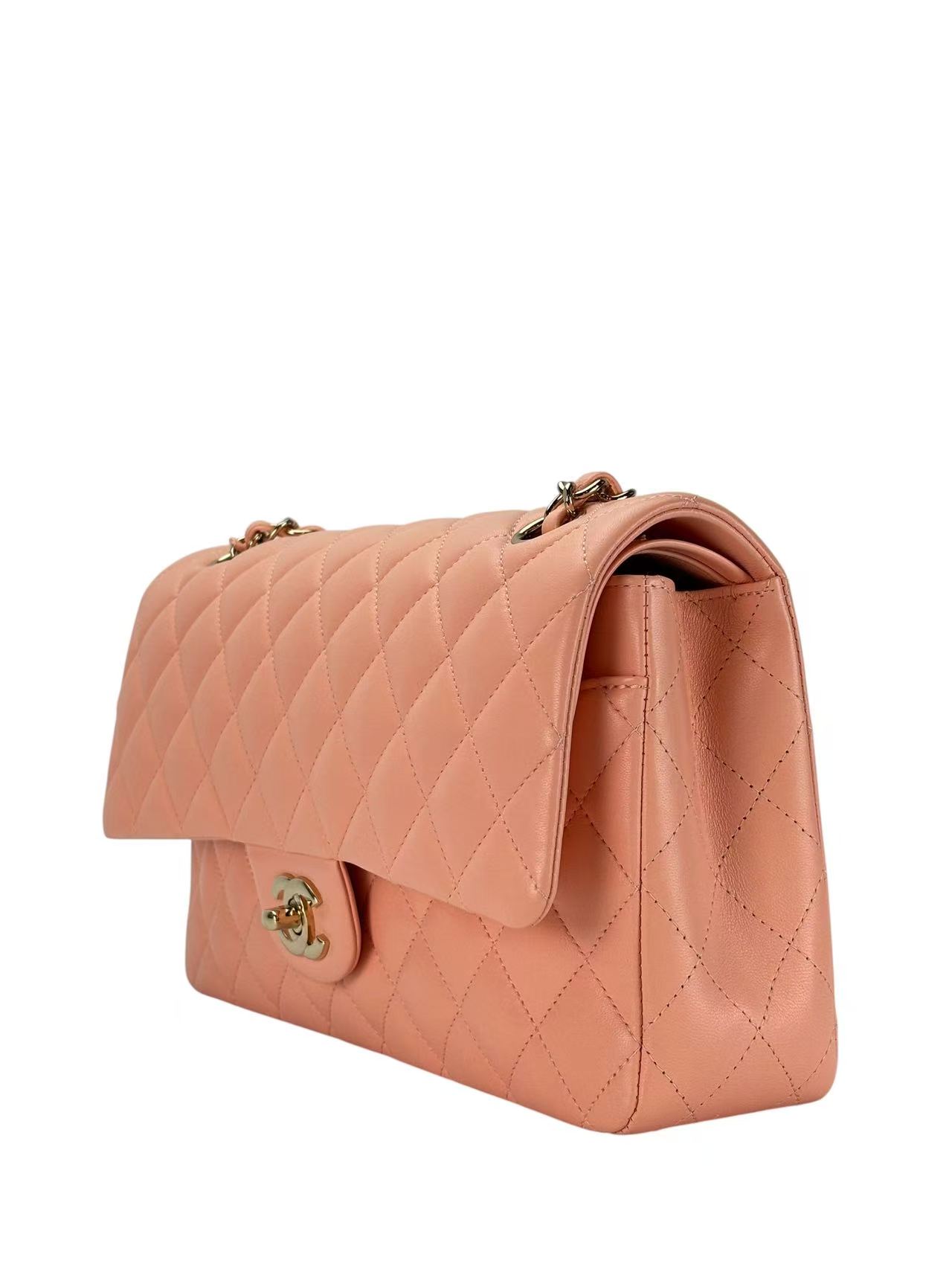 CHANEL - Medium Classic Double Flap Bag Light Orange Lambskin Sliver Hardware (CF25)