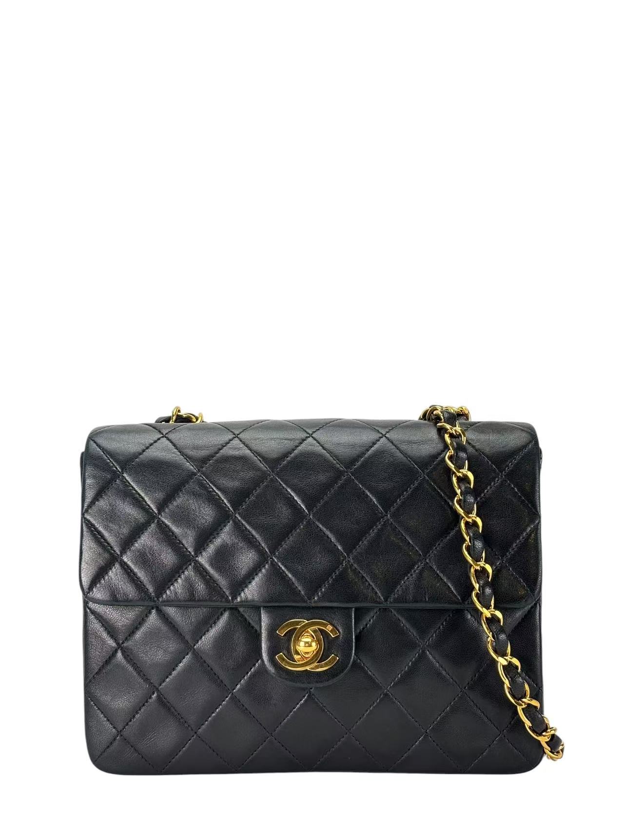 CHANEL - Black Lambskin Mini Classic Square Flap Shoulder Bag 20