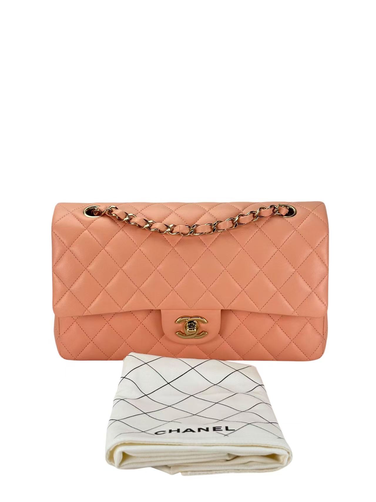 CHANEL - Medium Classic Double Flap Bag Light Orange Lambskin Sliver Hardware (CF25)