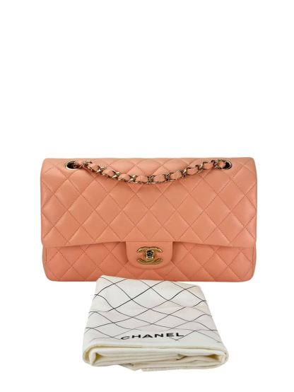 CHANEL - Medium Classic Double Flap Bag Light Orange Lambskin Sliver Hardware (CF25)