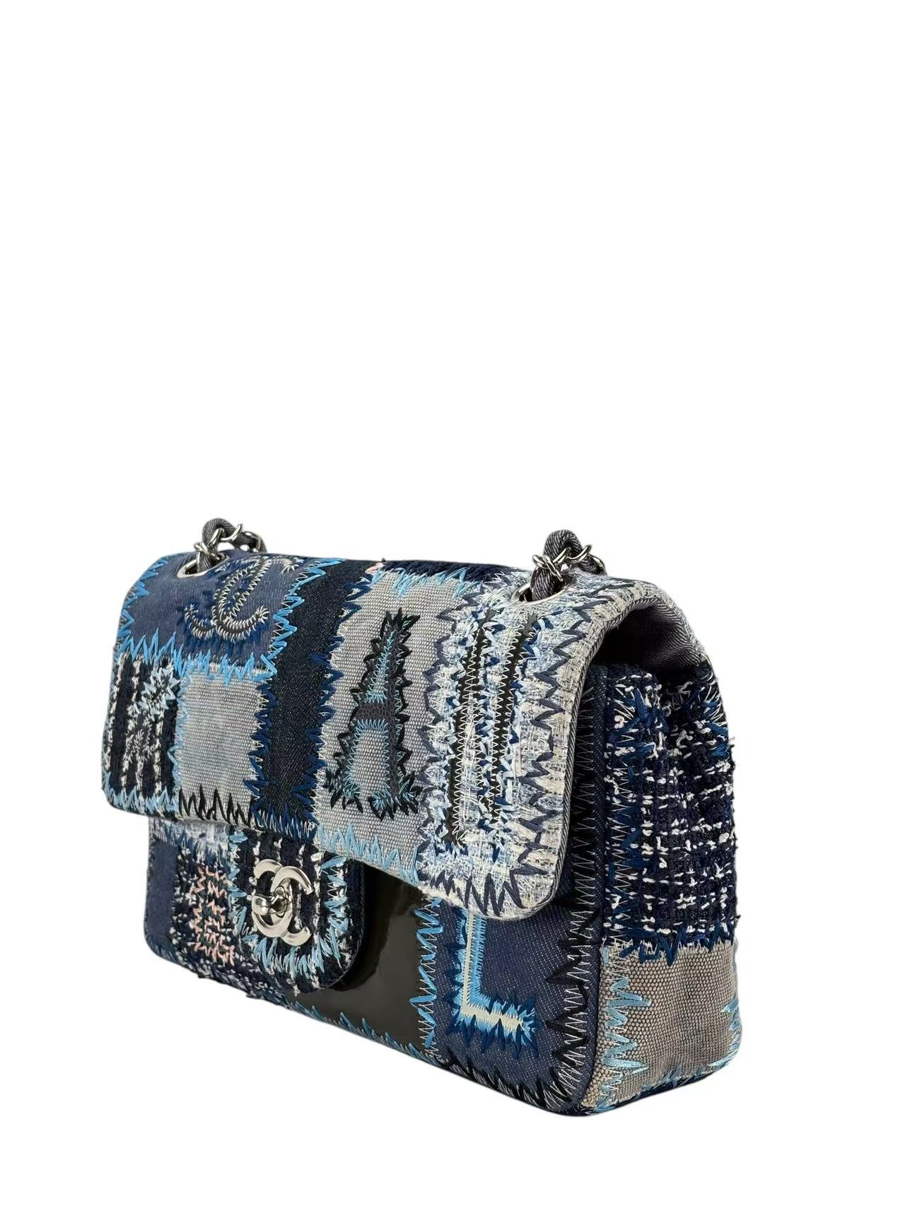 CHANEL - Blue Denim Patchwork Flap Bag Silver Hardware