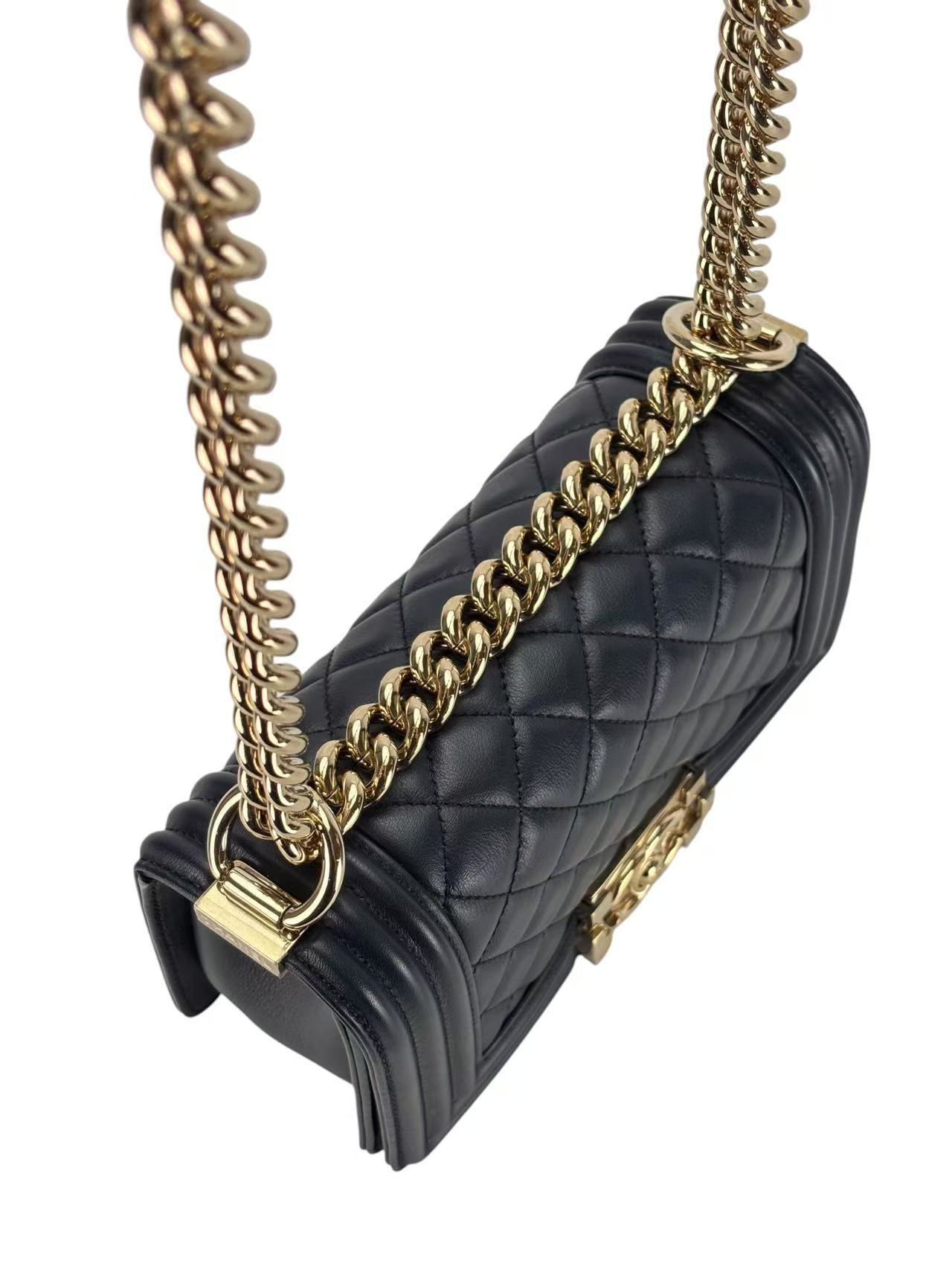 CHANEL - Small Boy Flap Bag Black Caviar Metal Gold