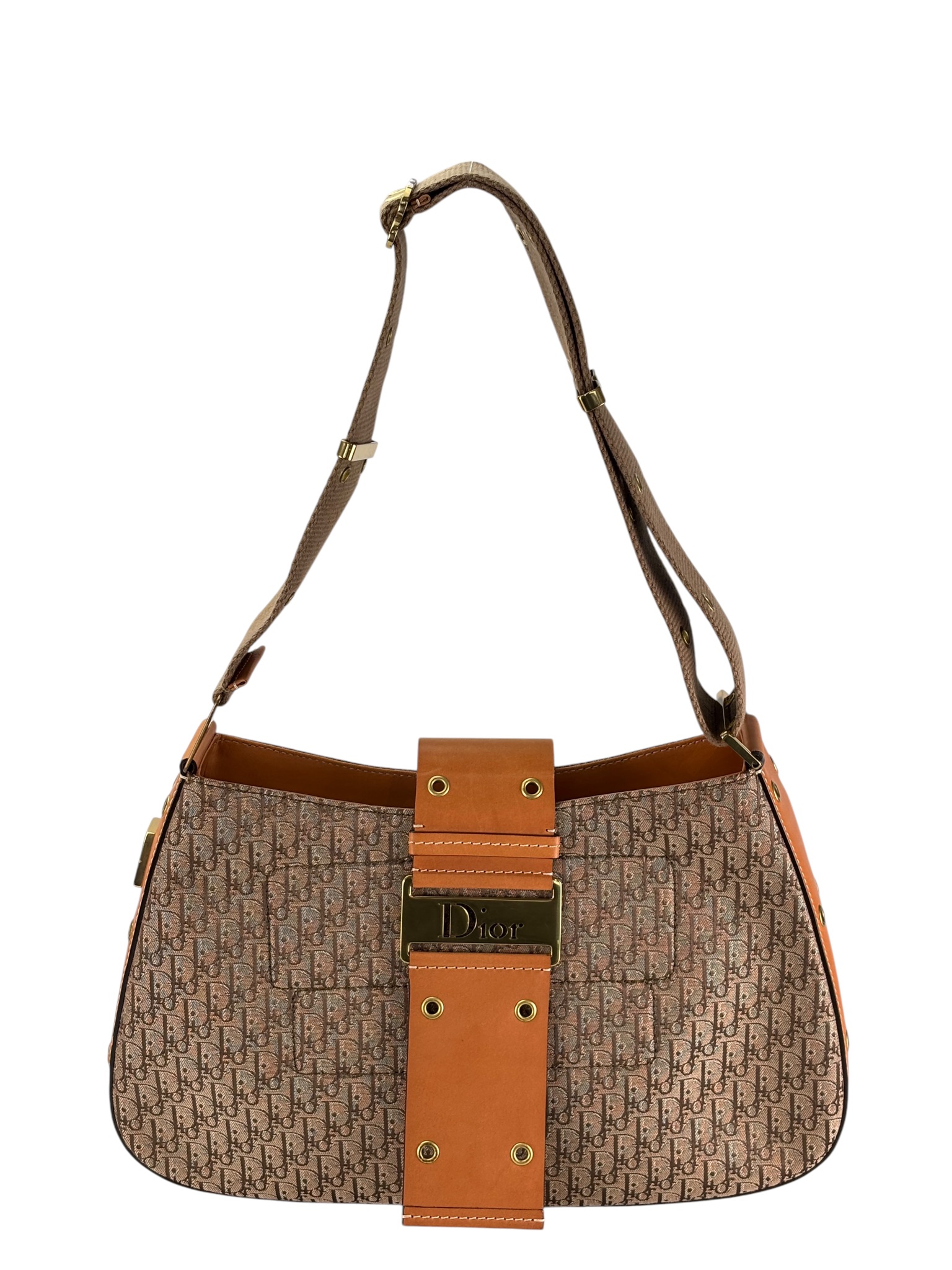 CHRISTIAN DIOR - Beige Canvas Trotter Pattern Street Chic Shoulder Bag