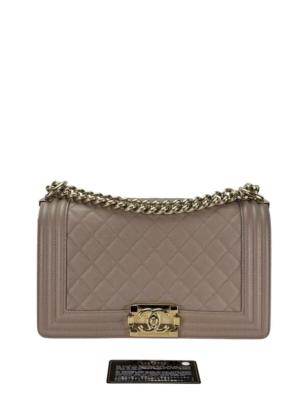 CHANEL - Medium Boy Flap Bag Beige Caviar Metal Gold