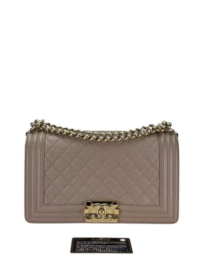 CHANEL - Medium Boy Flap Bag Beige Caviar Metal Gold