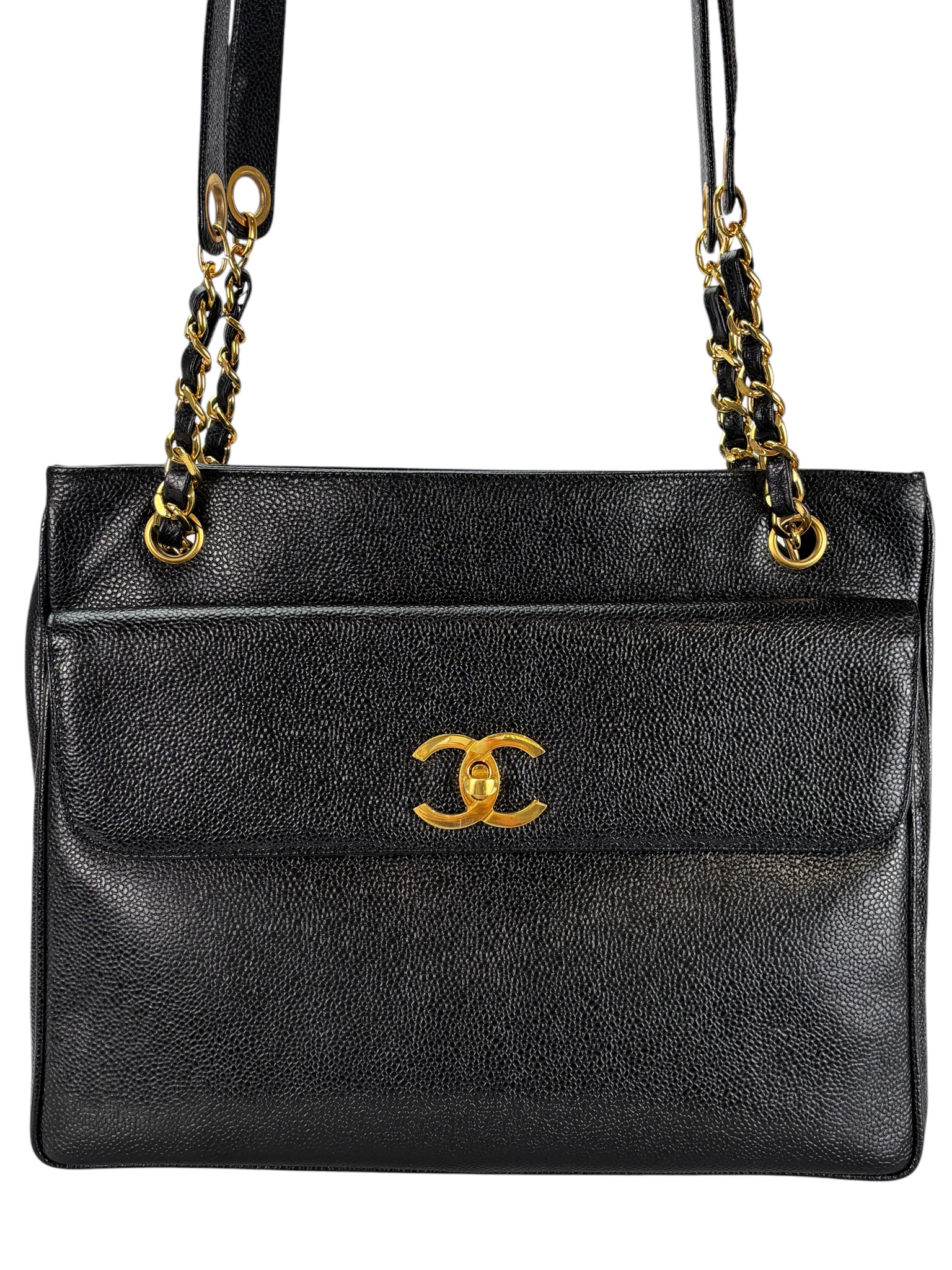 CHANEL - CC Logo Turn Lock Tote Black Caviar