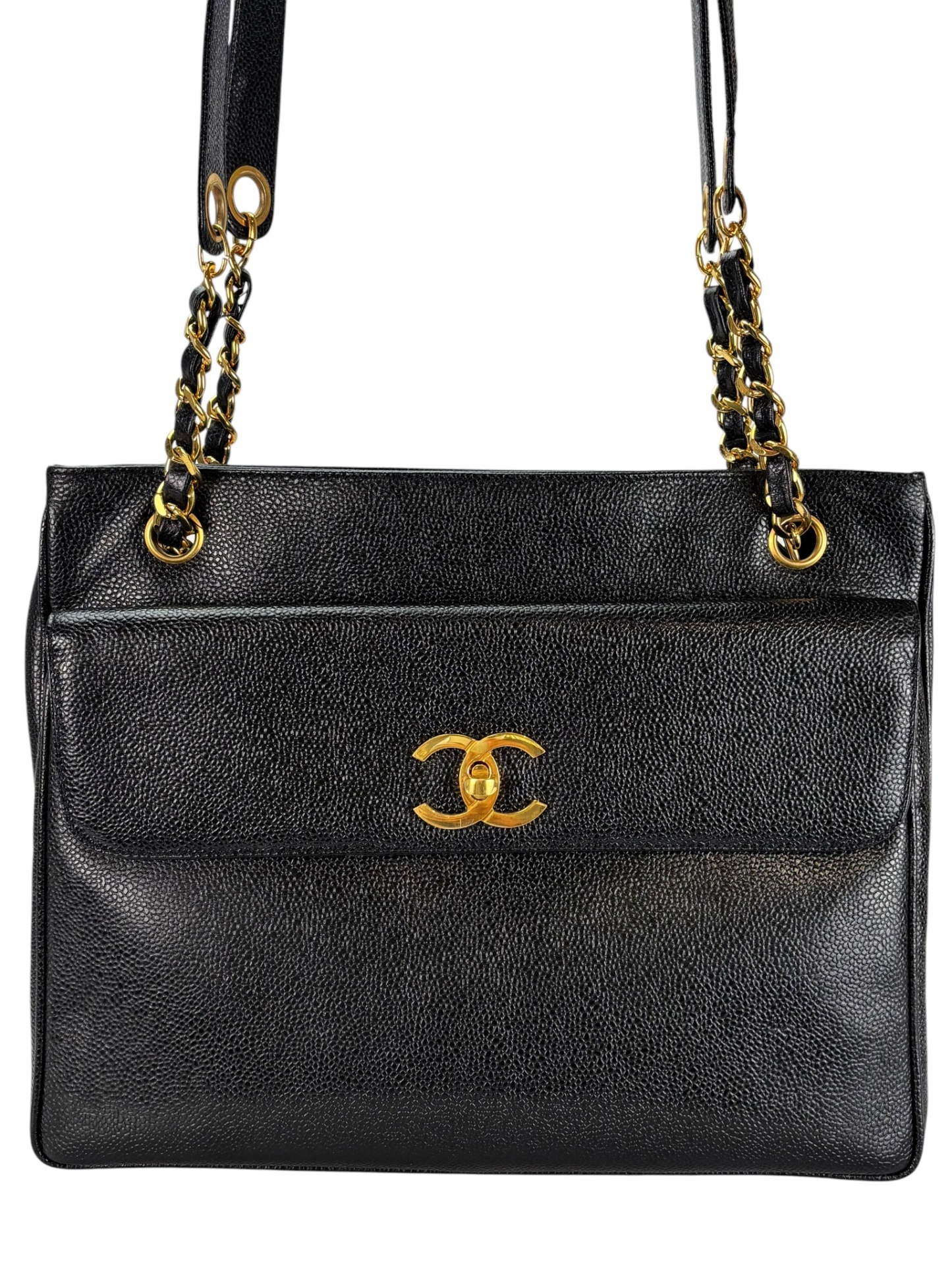 CHANEL - CC Logo Turn Lock Tote Black Caviar