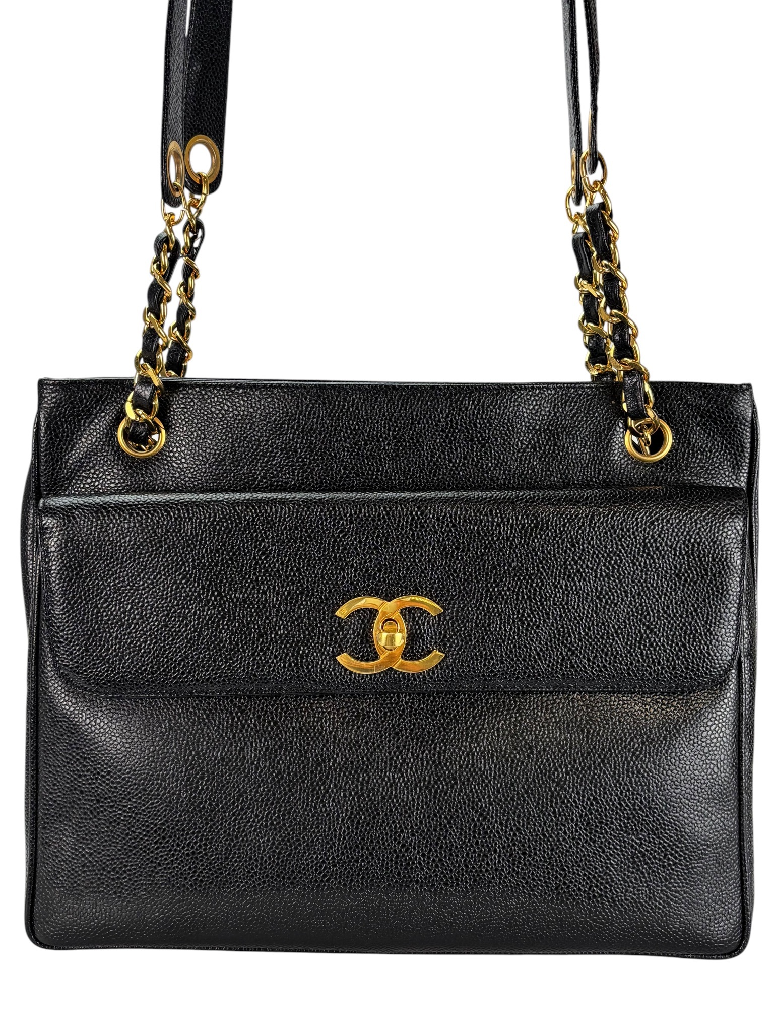 CHANEL - CC Logo Turn Lock Tote Black Caviar