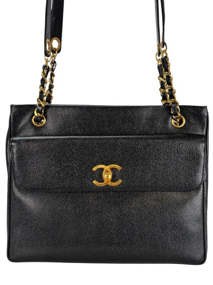CHANEL - CC Logo Turn Lock Tote Black Caviar