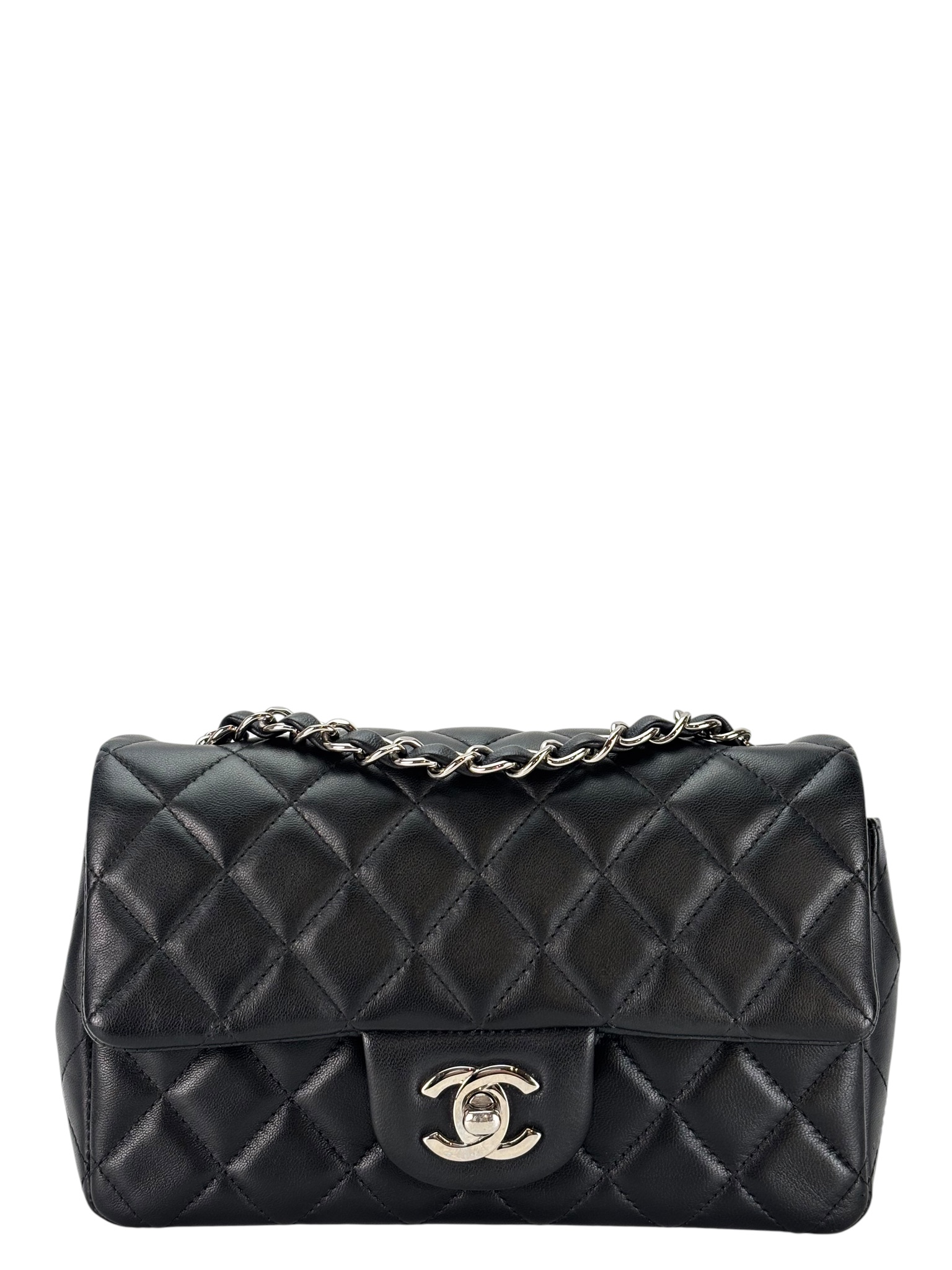CHANEL - Black Lambskin Mini Classic Flap Bag Silver Hardware