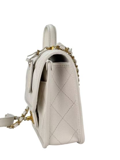 CHANEL - Caviar 2-Way Top Handle Bag White  Gold Hardware