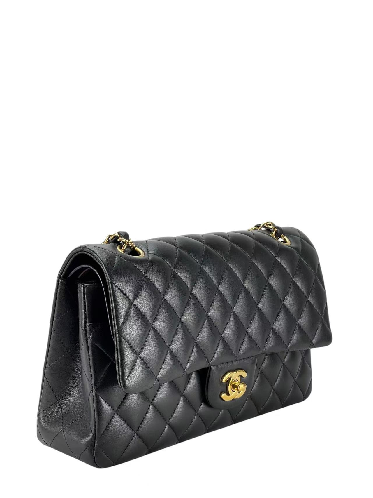 CHANEL - Medium Classic Double Flap Bag Black Lambskin Gold Hardware (CF25)