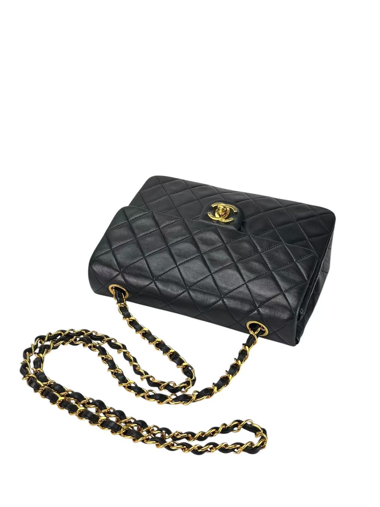 CHANEL - Black Lambskin Mini Classic Square Flap Shoulder Bag 20