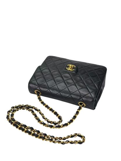 CHANEL - Black Lambskin Mini Classic Square Flap Shoulder Bag 20