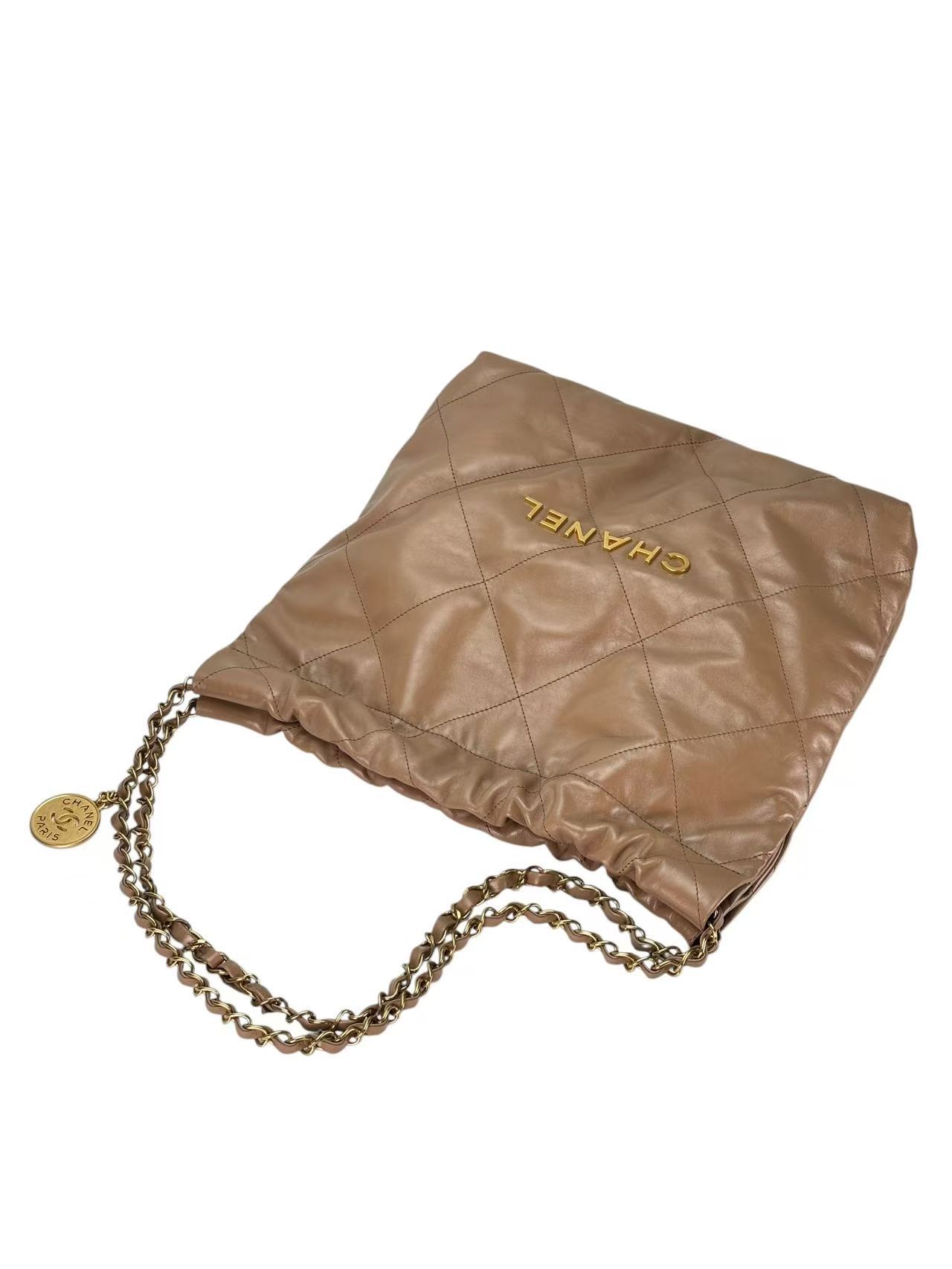 CHANEL - 22 Bag Dark Beige Calfskin Gold Hardware Small 