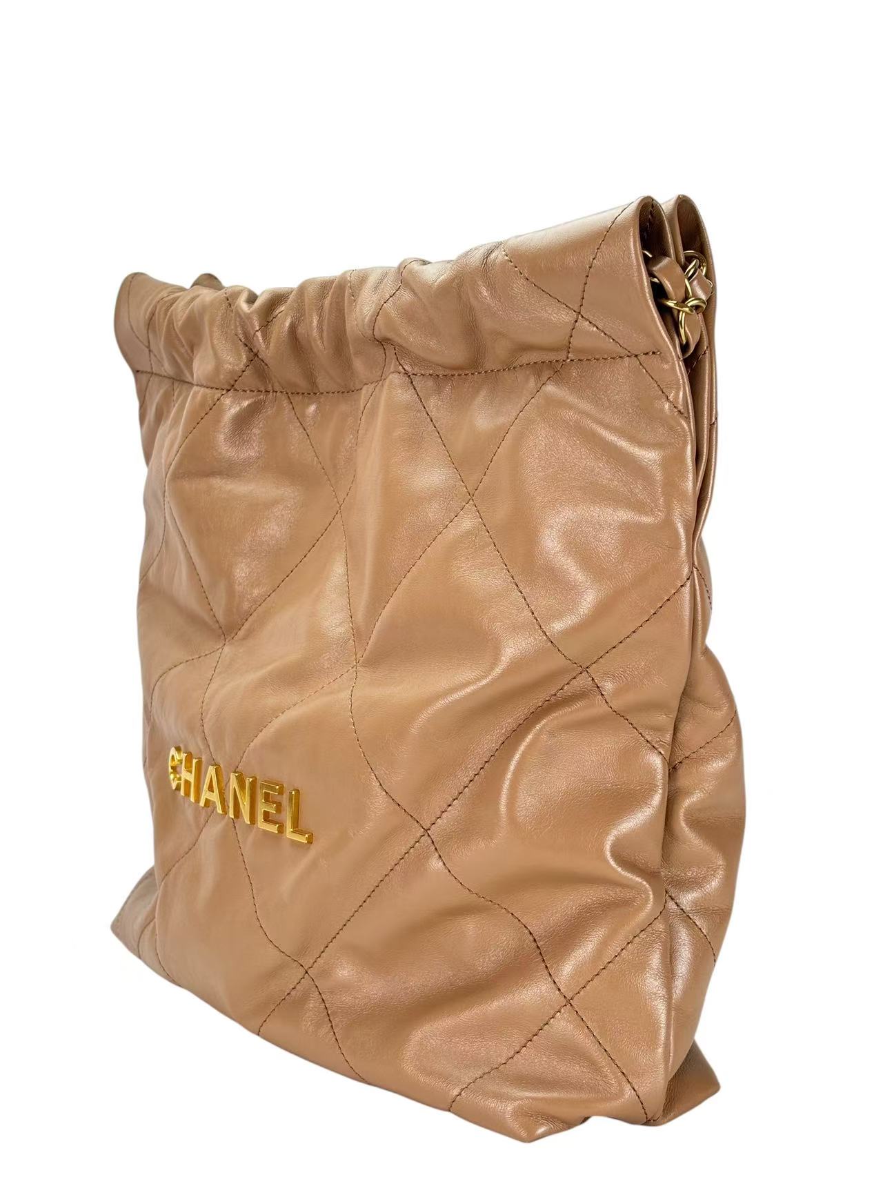 CHANEL - 22 Bag Dark Beige Calfskin Gold Hardware Small 