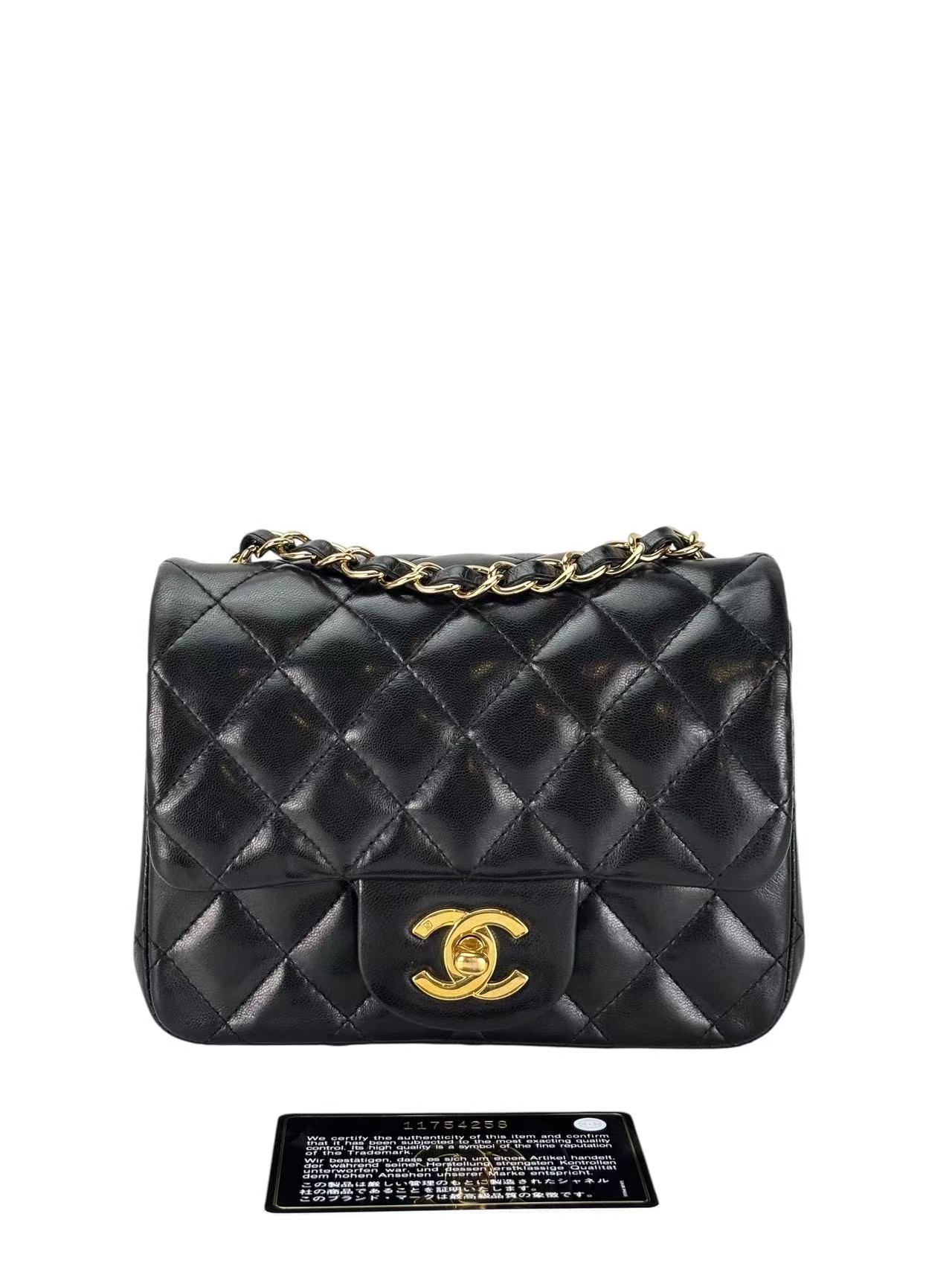 CHANEL - Black Lambskin Mini Classic Square Flap Shoulder Bag 17