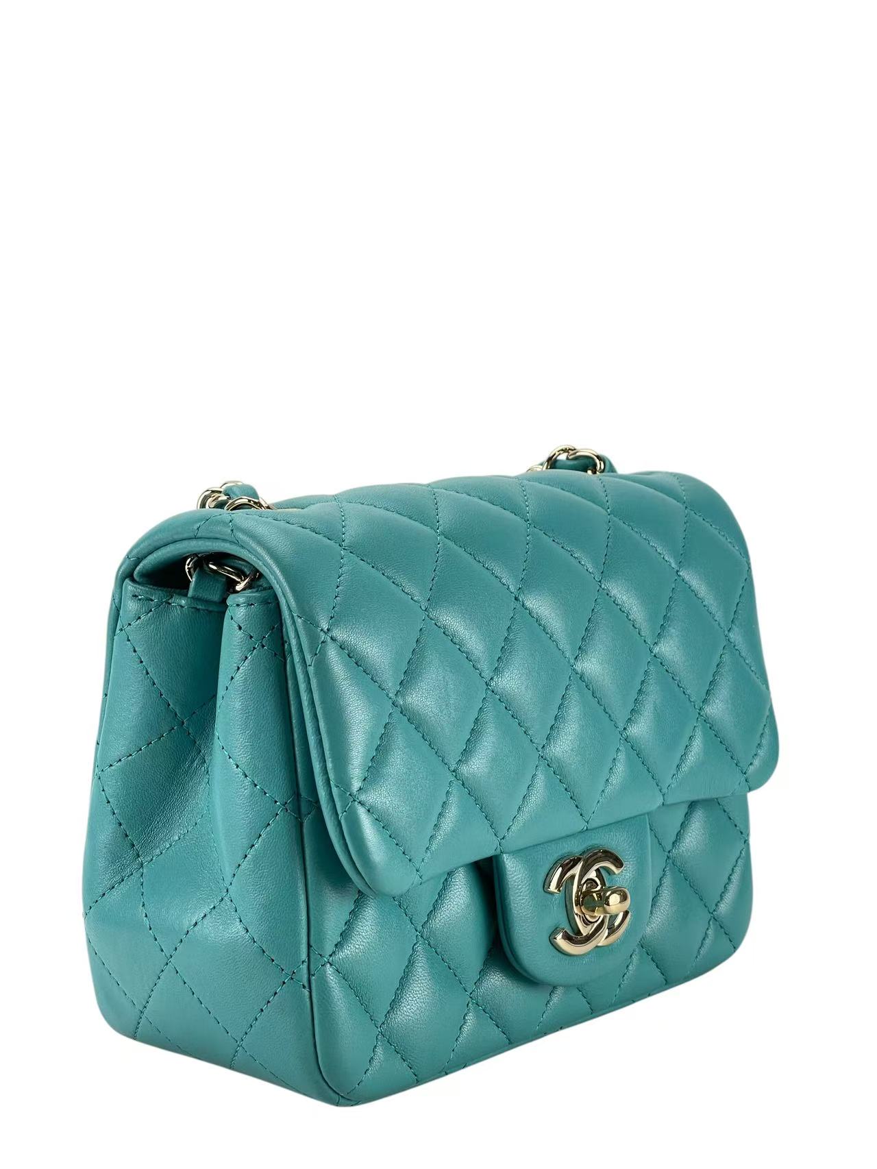 CHANEL - Green Lambskin Mini Classic Square Flap Shoulder Bag 17