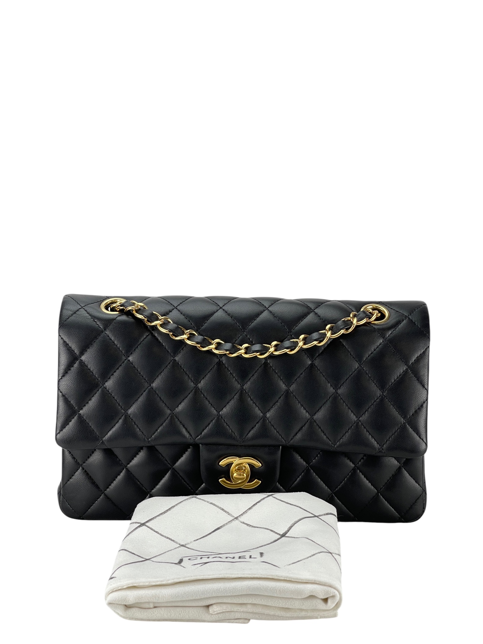 CHANEL - Medium Classic Double Flap Bag Black Lambskin Gold Hardware (CF25)