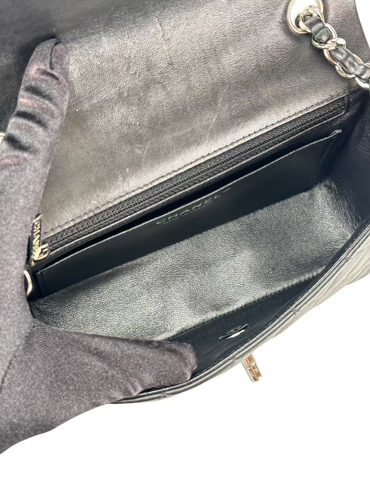 CHANEL - Black Lambskin Mini Classic Flap Bag Silver Hardware