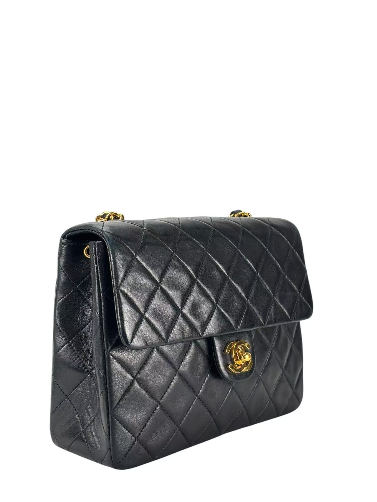 CHANEL - Black Lambskin Mini Classic Square Flap Shoulder Bag 20