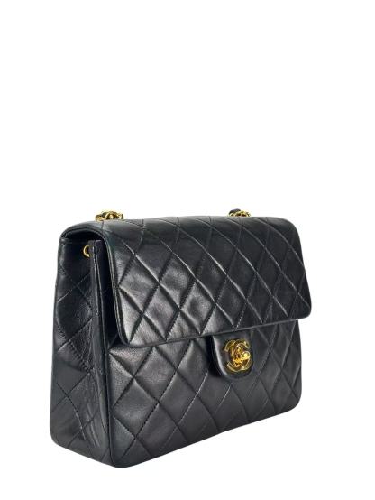 CHANEL - Black Lambskin Mini Classic Square Flap Shoulder Bag 20