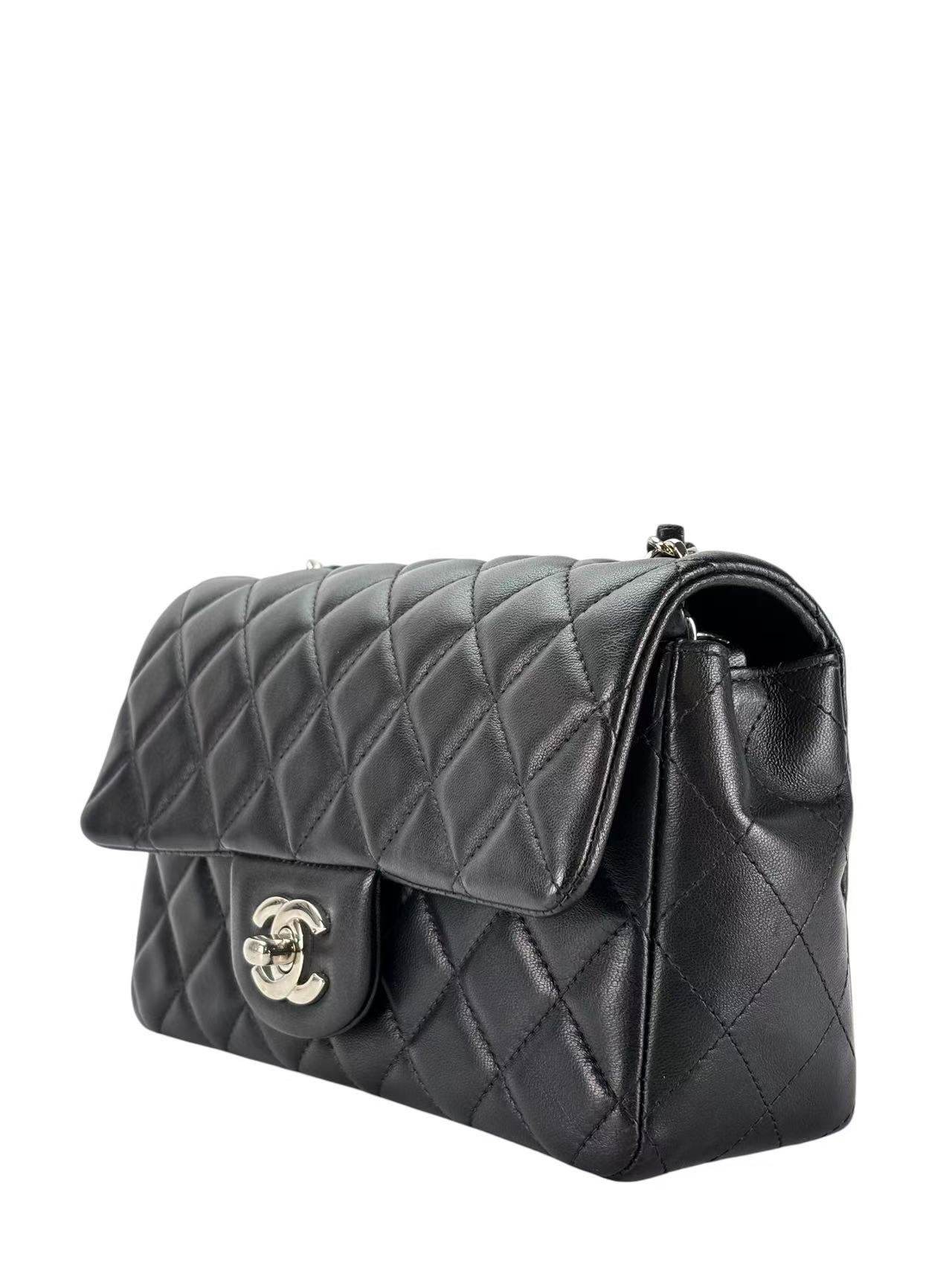 CHANEL - Black Lambskin Mini Classic Flap Bag Silver Hardware