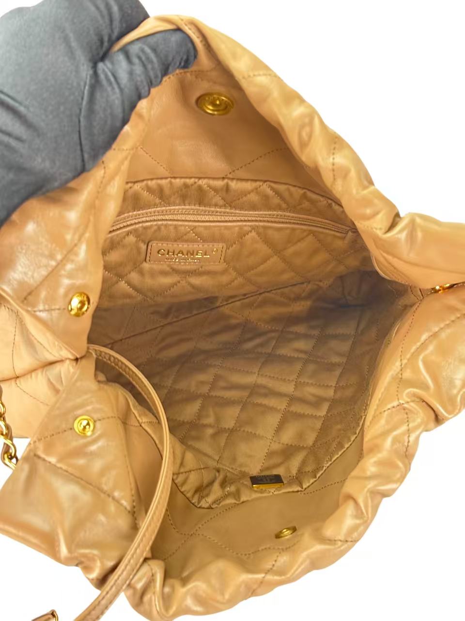 CHANEL - 22 Bag Dark Beige Calfskin Gold Hardware Small 