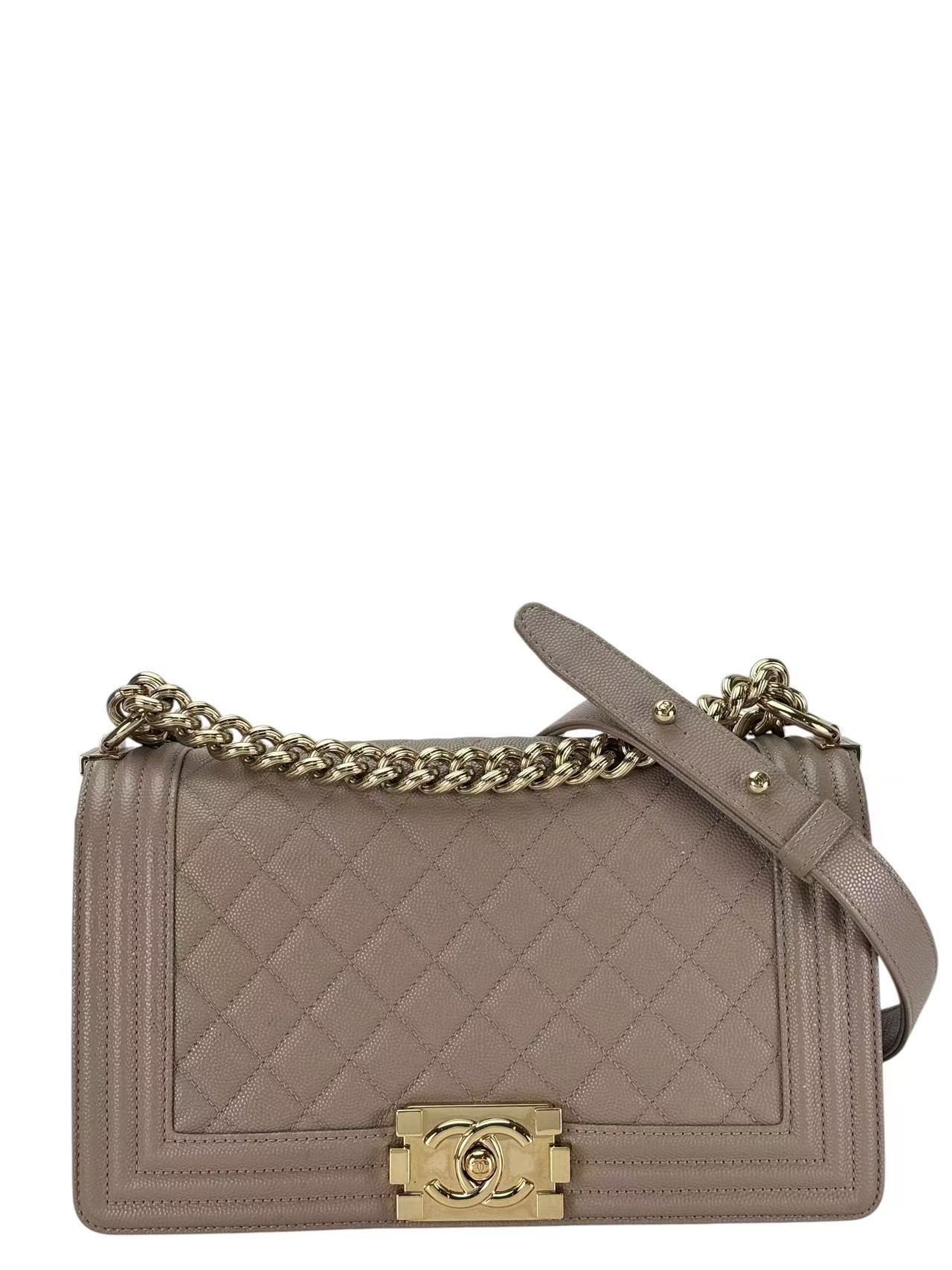 CHANEL - Medium Boy Flap Bag Beige Caviar Metal Gold