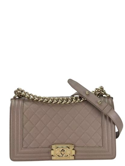 CHANEL - Medium Boy Flap Bag Beige Caviar Metal Gold