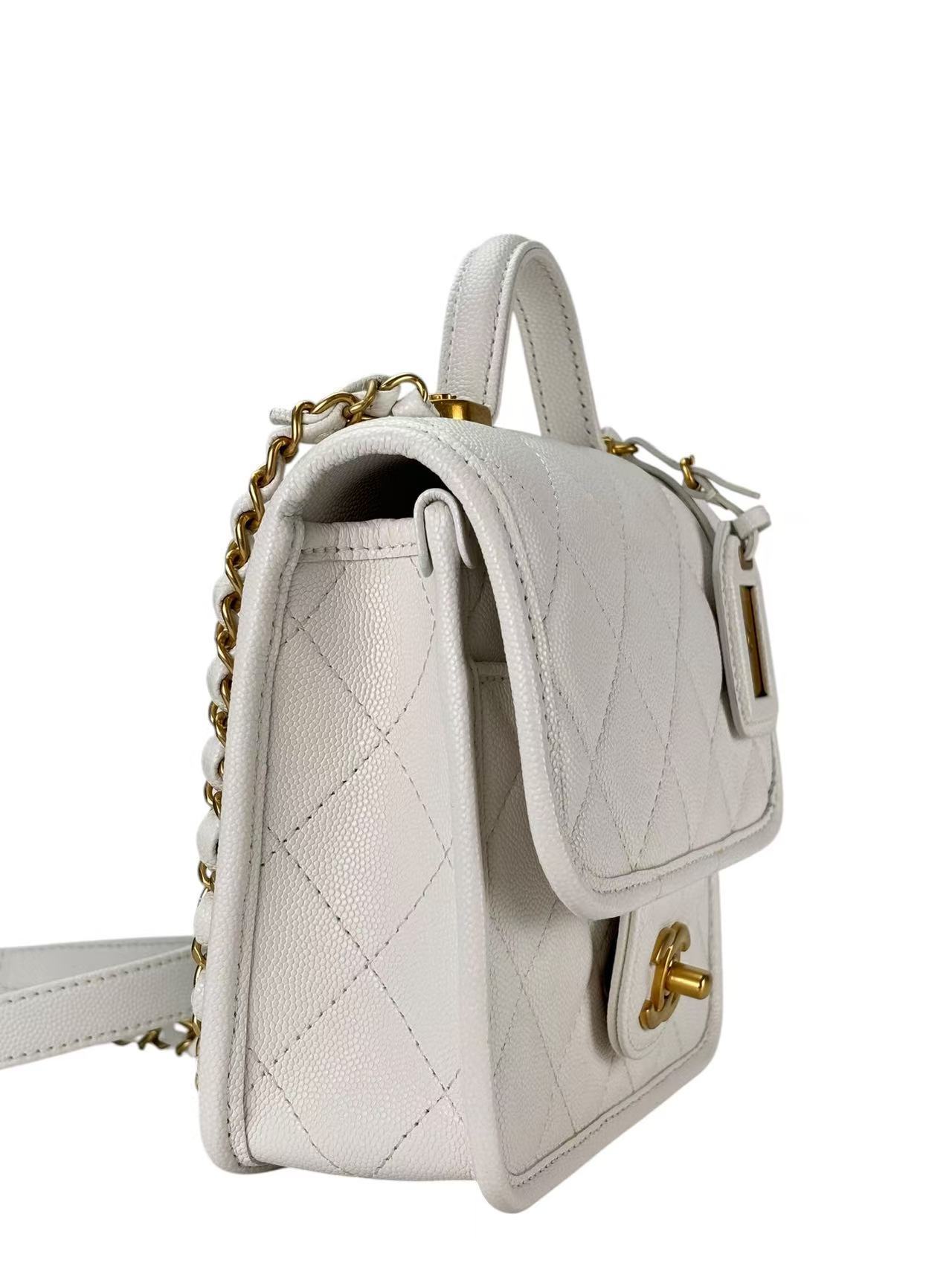 CHANEL - Caviar 2-Way Top Handle Bag White  Gold Hardware