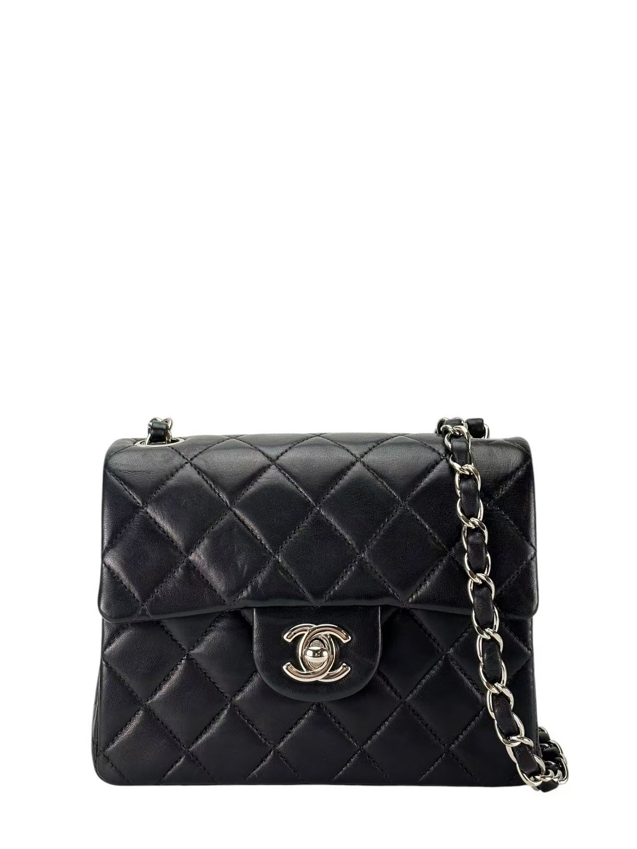 CHANEL - Mini Flap Bag  Black Lambskin Silver Hardware