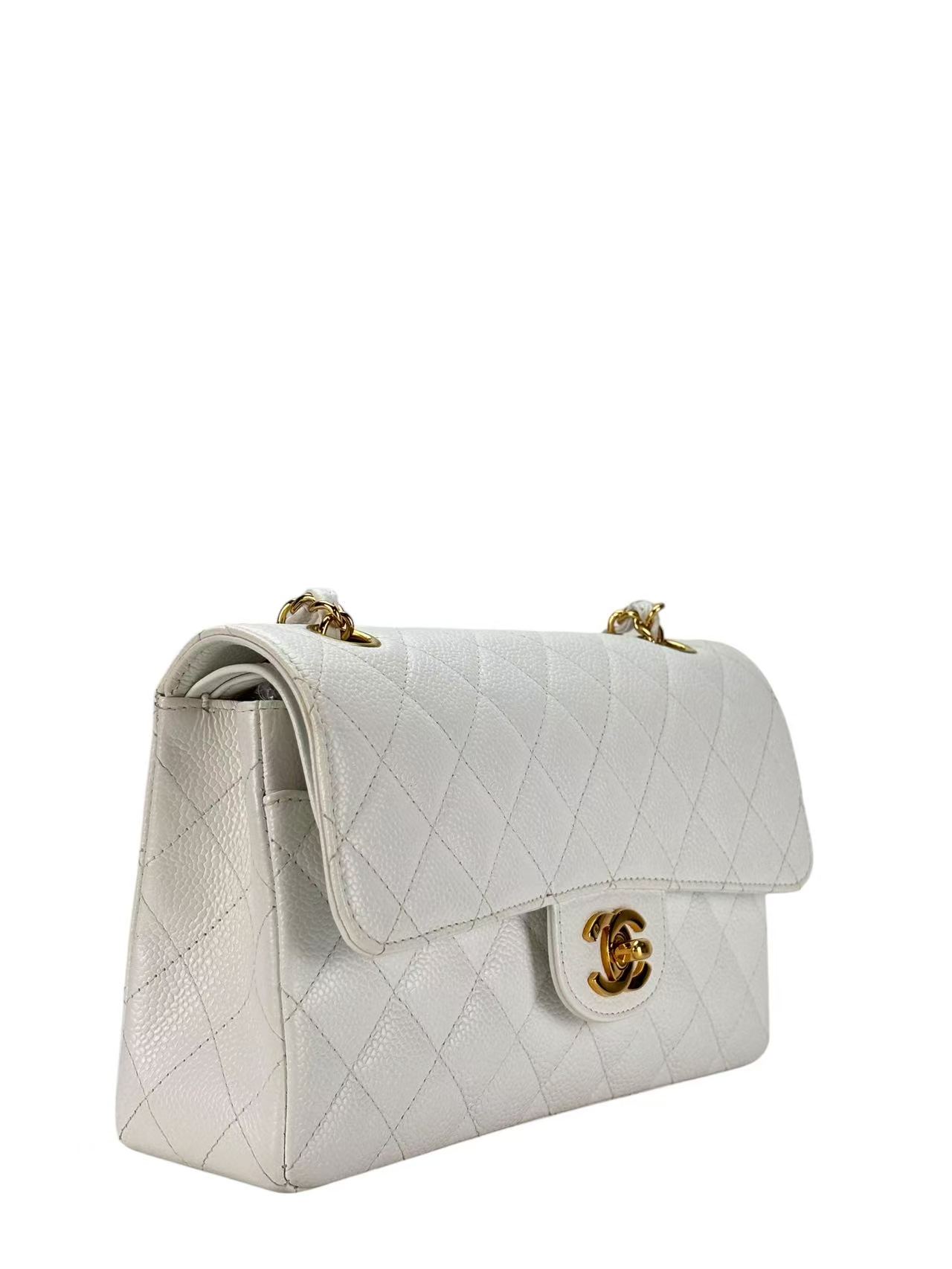CHANEL - Double Face Small Classic Double Flap Bag White Caviar Gold Hardware (CF23)