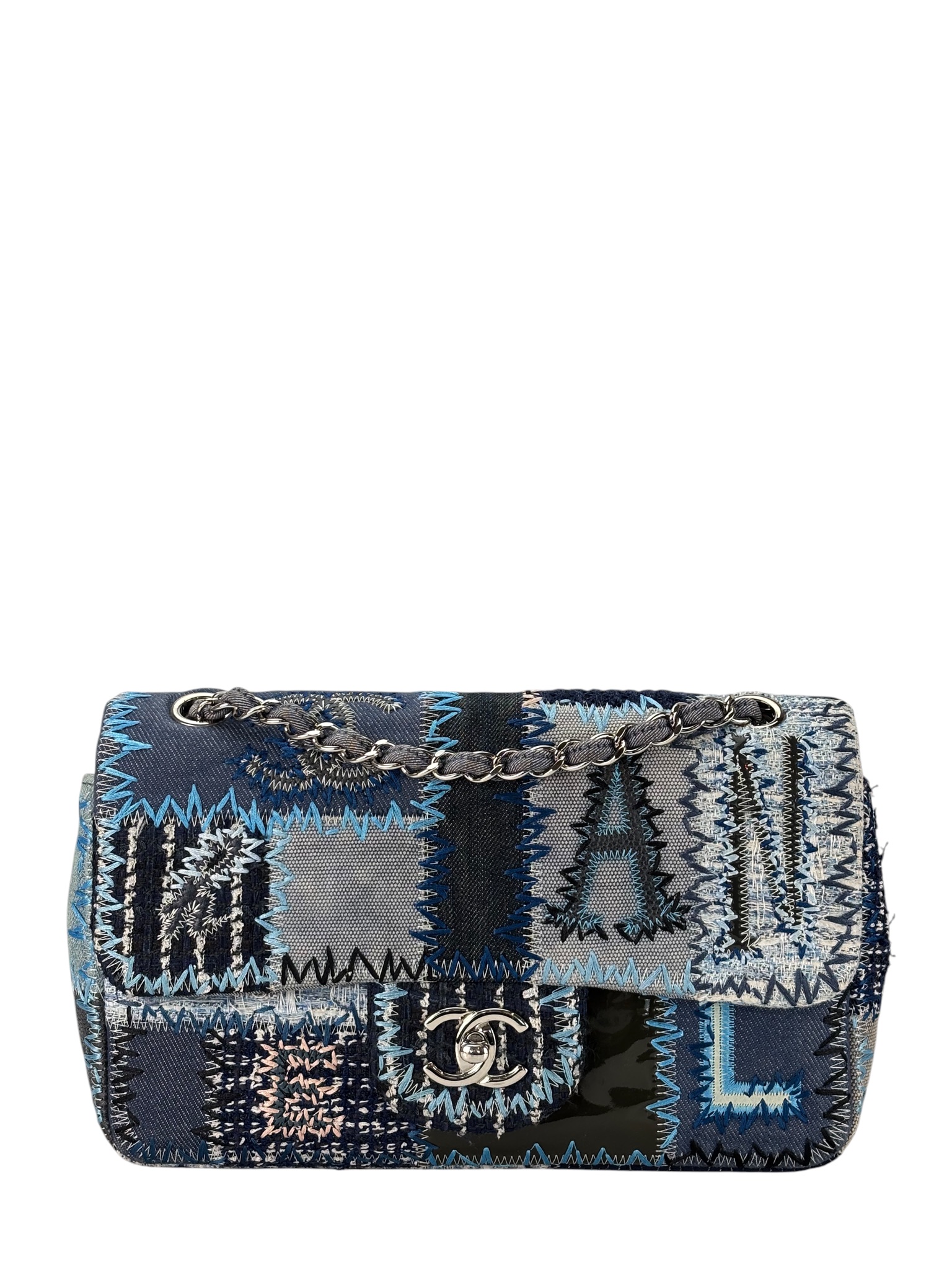 CHANEL - Blue Denim Patchwork Flap Bag Silver Hardware