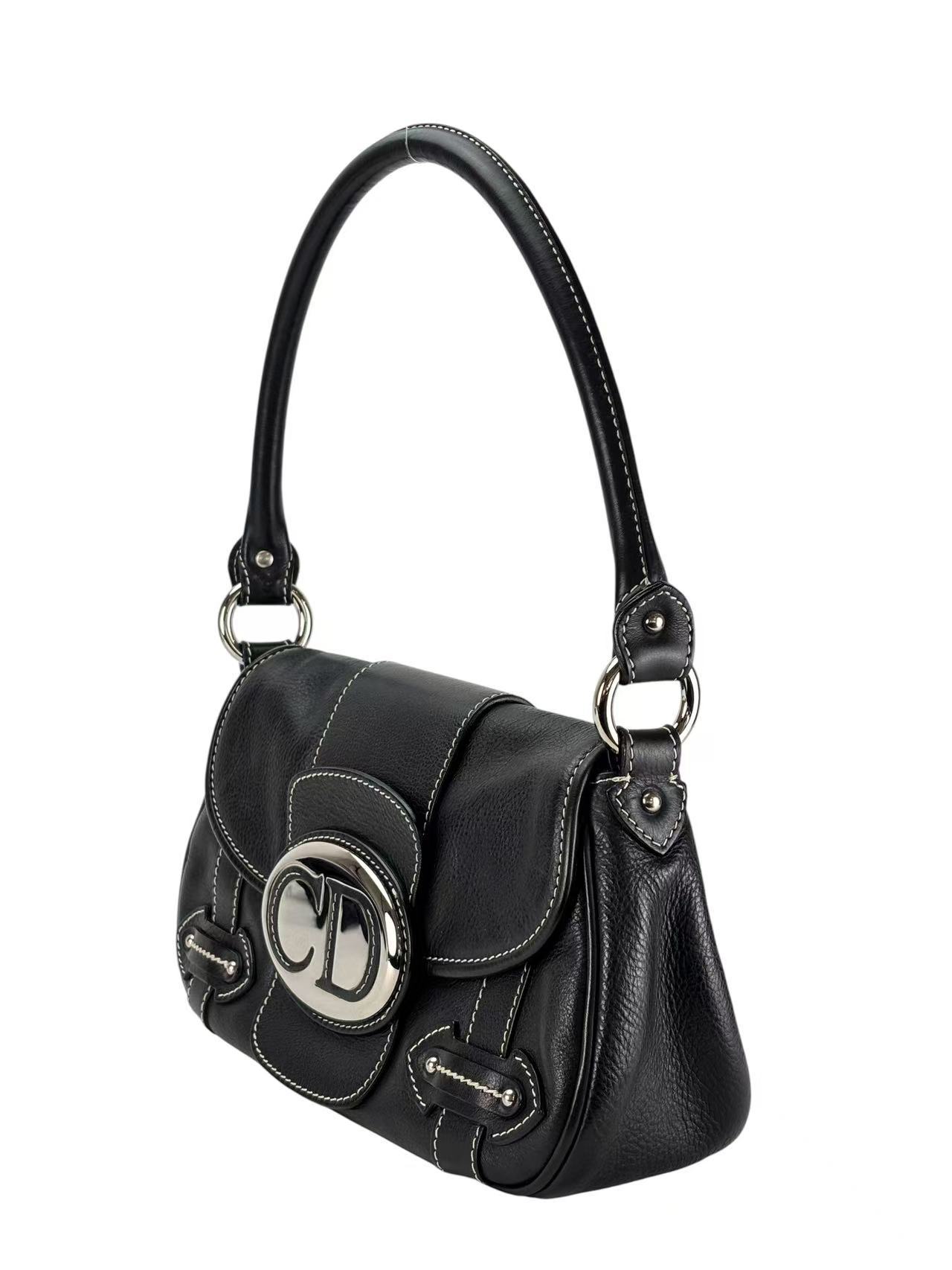 CHRISTIAN DIOR - Black Leather One Shoulder Bag Silver Hardware