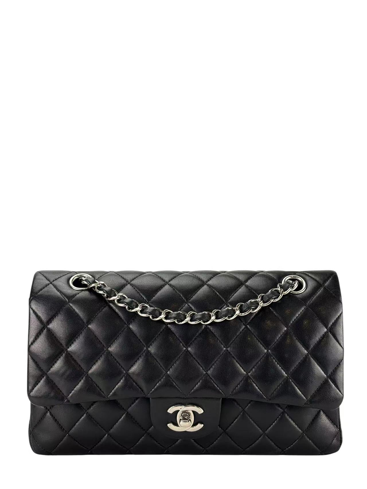 CHANEL - Medium Classic Double Flap Bag Black Lambskin Sliver Hardware (CF25) 