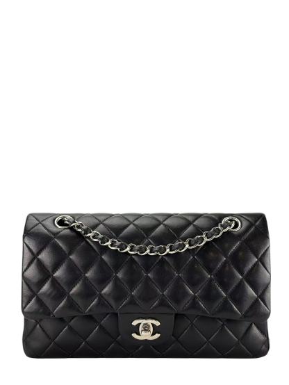 CHANEL - Medium Classic Double Flap Bag Black Lambskin Sliver Hardware (CF25) 