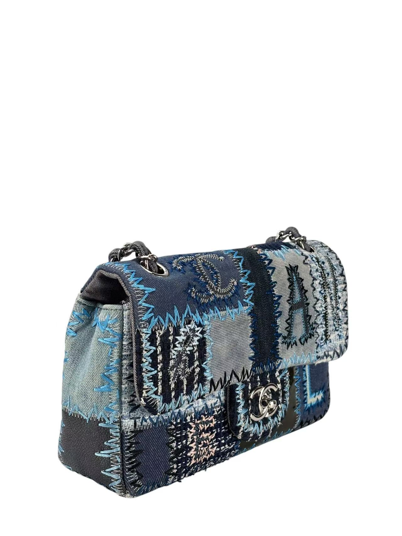 CHANEL - Blue Denim Patchwork Flap Bag Silver Hardware