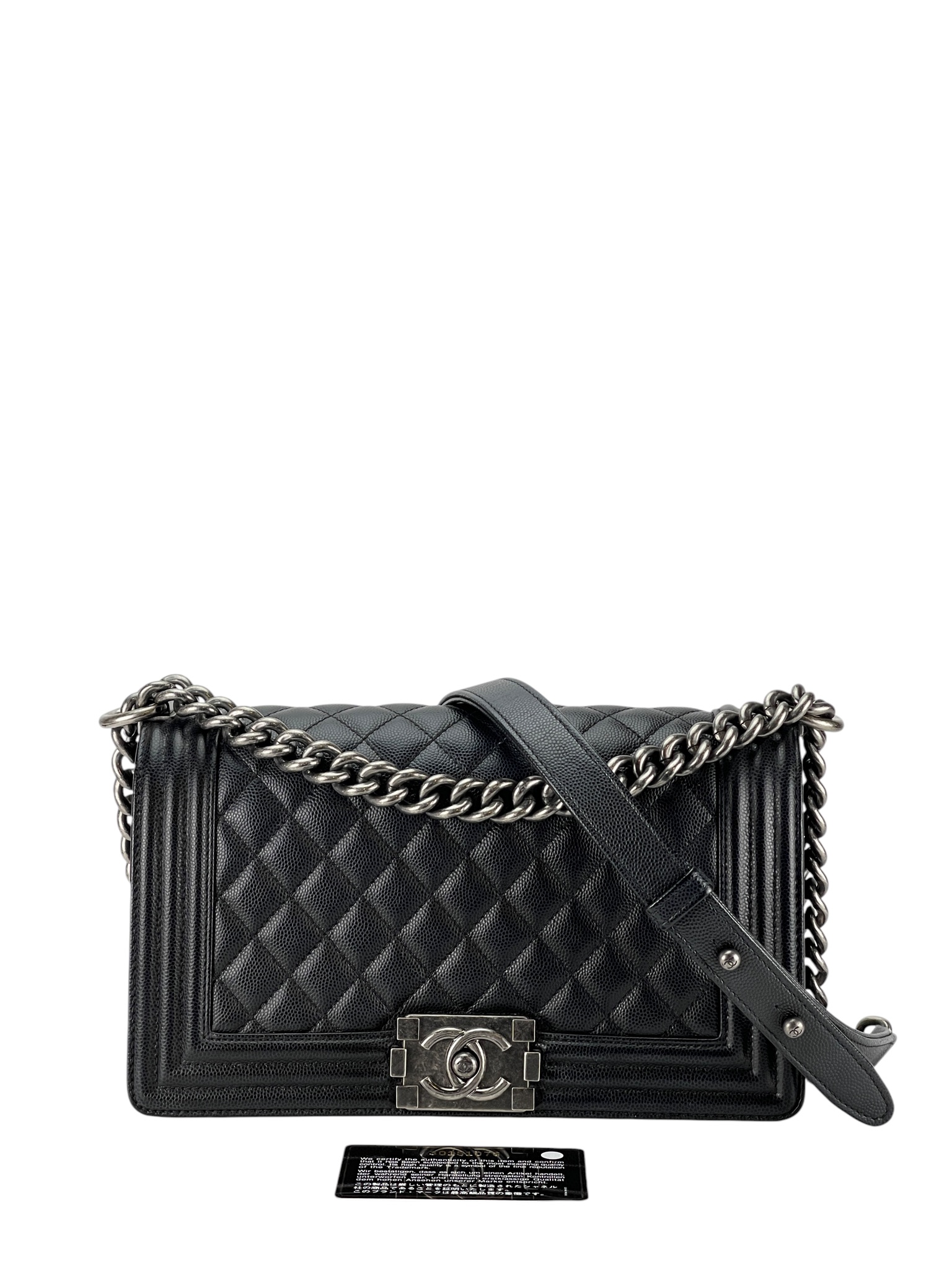 CHANEL - Medium Boy Flap Bag Black Caviar Metal Silver Hardware