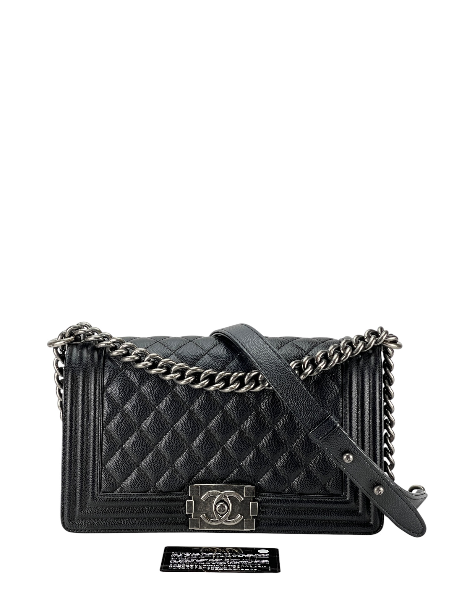 CHANEL - Medium Boy Flap Bag Black Caviar Metal Silver Hardware